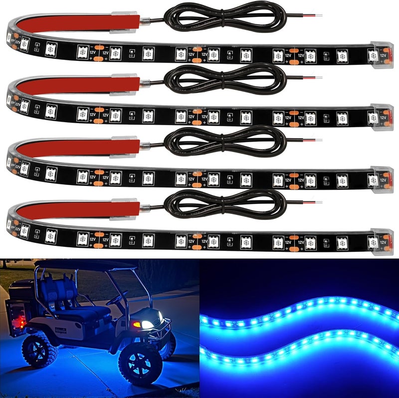 YM EBright 4Pcs Led Strip Lights for Car, 12inch Waterproof IP68 Car Underglow Strip Lights Decoration 18SMD 12V Led Interior Exterior Lights Strip for Cars Motorcycles Truck Golf Cart Boat - Blue - Image 1